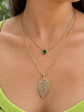 Handmade Gold Plated Two Strand Necklace, Green Cubic Zirconia Heart & Leave